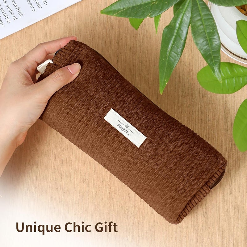 Purbert Pencil Bag Pen Case, Soft Corduroy Small Pencil Pouch Organizer with Zipper, Cute Pencil Case Pouch Stationery for Girls and Boys – Brown - Image 2